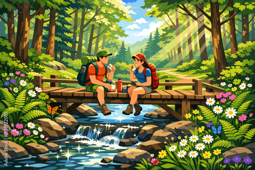 Hikers enjoy snacks on a wooden bridge in a forest during a sunny day in the daytime