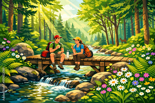 Hikers take a break on a wooden bridge while enjoying drinks in a forest setting during the daytime