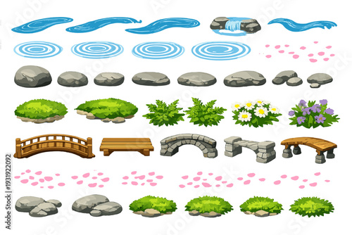 Creative park scene design with water, stones, plants, and bridges for illustrations and digital art projects