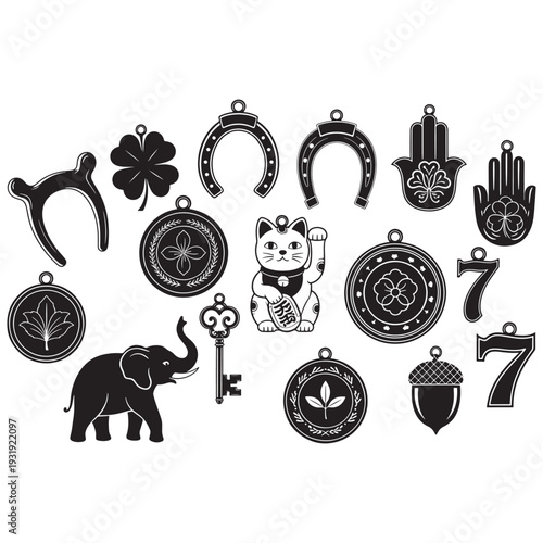 Black silhouette icons of lucky charms including wishbone, four leaf clover, horseshoe, hamsa hand, maneki neko cat, number seven, key, elephant, acorn, and medallions, isolated vector collection