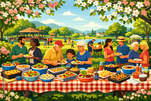 Family and friends gather for a picnic in a park with food and activities in the sunshine during the summer