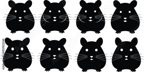 Cute hamster silhouette vector set, black cartoon rodents with whiskers and round shapes, adorable pet animal clipart collection