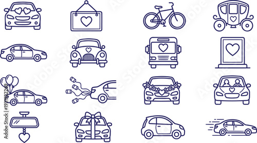 Valentine's Day themed vehicle icons with hearts and gifts on white background
