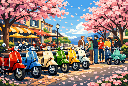 Group of friends enjoying a sunny day with colorful scooters under blooming cherry trees in a lively town square