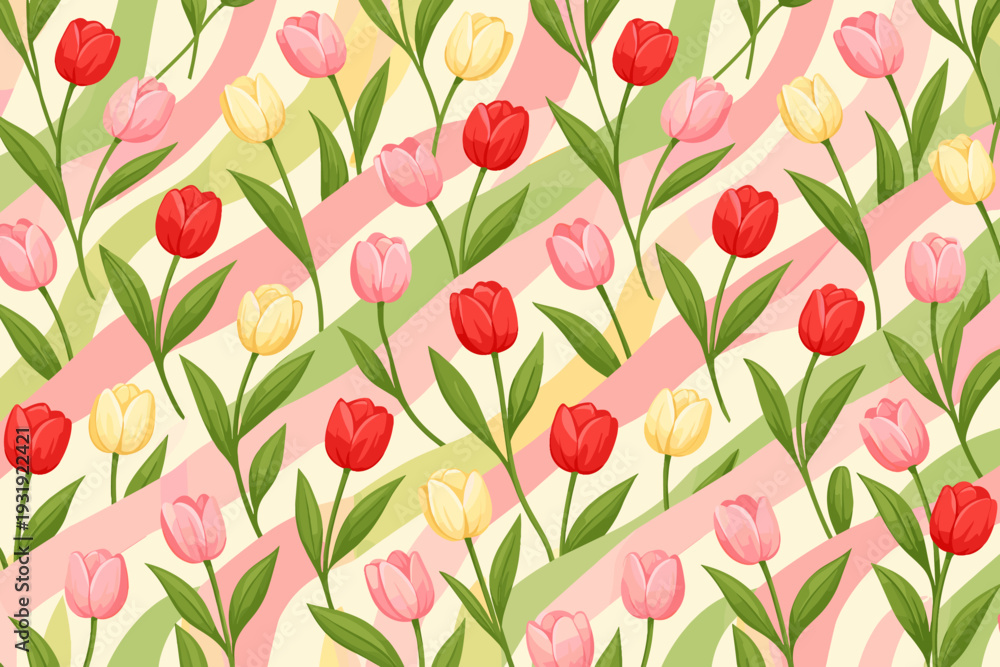 Obraz premium Bright floral pattern with various tulips on a striped background in spring colors
