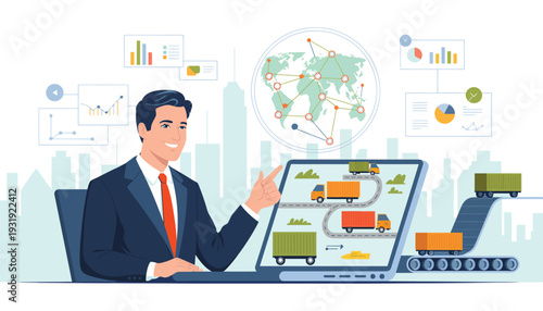 Global Supply Chain Logistics Concept, Businessman Using Laptop To Analyze Transport Network With Trucks Cargo Ships Factories And Containers, Efficient Freight Distribution And International Trade.