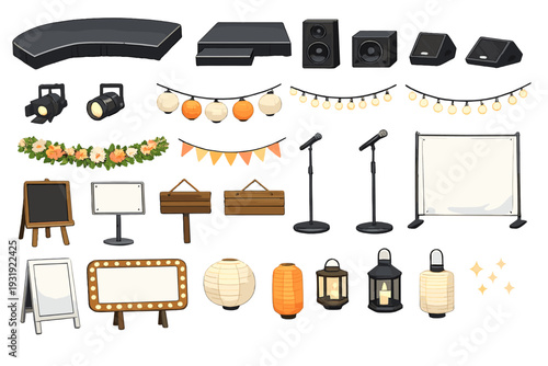 Decorations and equipment for an outdoor event setup including lights and speakers displayed on a flat surface