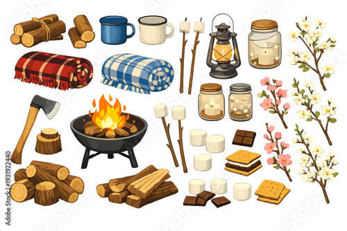 Bonfire setup with logs, blankets, mugs, and marshmallows for outdoor gathering at night