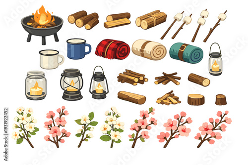 Campfire setup with logs, blankets, lanterns, and flowers for outdoor gathering in nature