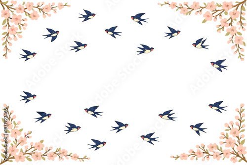 Swallows flying around pink flowers in a simple design with space for text