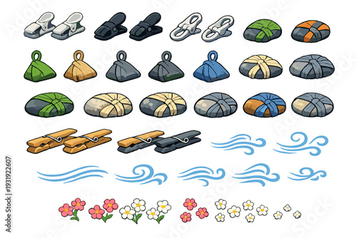 Collection of sandals, stones, and waves for a creative design project in a cartoon style