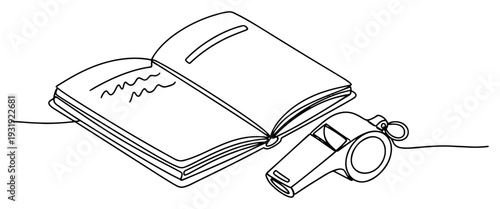 One continuous line illustration of an open notebook lying next to a sports whistle