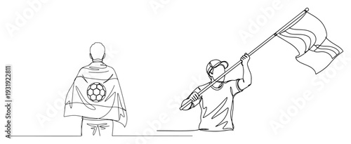 Continuous one line drawing of two football fans with national flag and soccer ball on back
