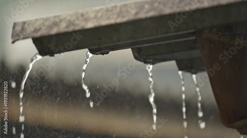 Rain falling from a roof in slow motion, a rainy day and drops falling from any roof, natural light, selective focus, slow motion.