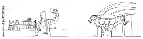 One line drawing of soccer supporter taking selfie at stadium and holding fan scarf