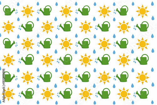 Bright pattern of suns, watering cans, and raindrops on a white background showing gardening and nature themes during summer