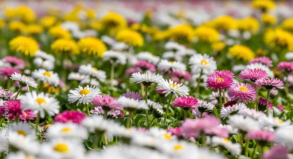 Obraz premium A vibrant field of blooming daisies and dandelions in shades of white, pink, and yellow