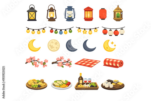 Lanterns, moons, and food items arranged in a colorful display for a gathering or celebration
