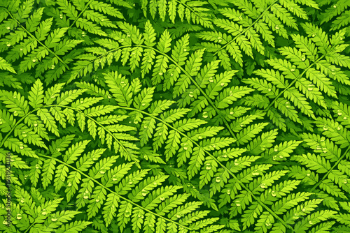 Lush green ferns cover the ground in a dense, vibrant pattern during a sunny day in a forest or garden setting