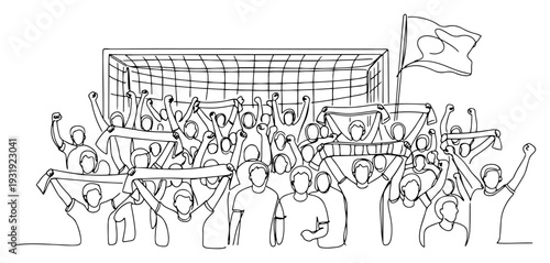 Continuous one line drawing of a crowd of soccer fans cheering at the stadium with flags
