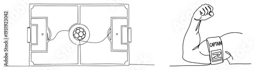 One line drawing collection featuring a soccer field layout and a strong arm with captain armband