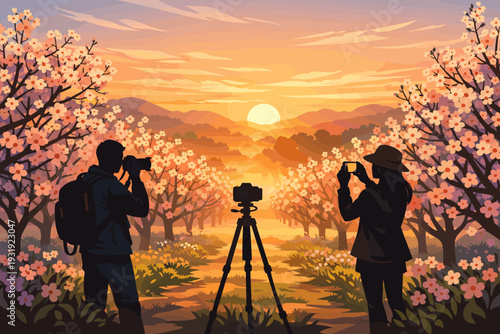 Photographers take pictures of cherry blossoms at sunset in a mountain landscape with a golden sky in the background