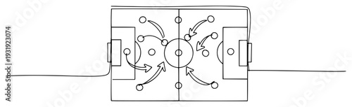 Continuous one line drawing of a soccer tactics board with movement arrows and positions