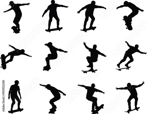 skateboard, skateboarding, sport, trick, jump, balance, silhouette, urban, lifestyle, athlete, dynamic, culture, street, vector, artwork