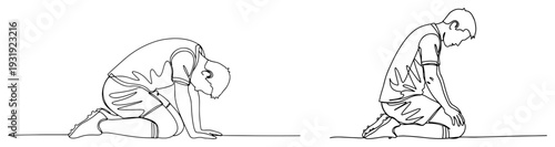 Sad soccer player kneeling on the pitch after defeat in continuous line drawing style