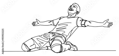 Happy soccer player celebrating goal sliding on knees in one continuous line art style