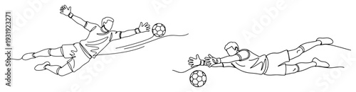 Two goalkeepers diving to catch the ball in action poses drawn in one continuous line