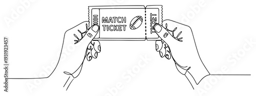 Continuous line art of hands holding a match ticket for a soccer game stadium entry