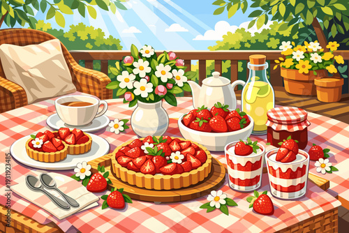 Enjoying a sunny afternoon on the patio with desserts and drinks featuring fresh strawberries and flowers