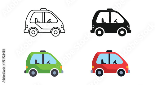 Four stylized illustrations of small taxis in different colors and designs