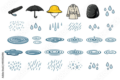 Different items for rainy weather and rain patterns on a white background