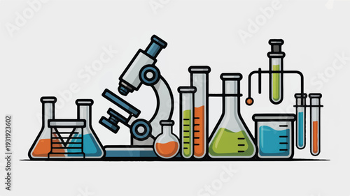 Science and chemistry laboratory glassware with test tubes and flasks isolated on white background
