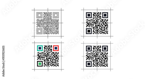 Examples of qr codes with variations in alignment patterns and color modules