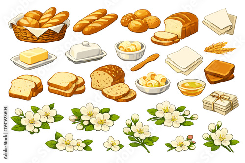 Breads, butter, and flowers arranged on a white background with simple details about different types of baked goods and floral elements