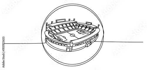 Continuous one line drawing of a sports stadium inside a circle