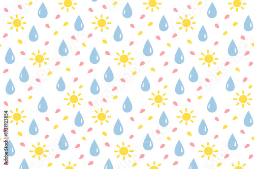 Pattern of suns and raindrops on a white background with pastel colors showing a playful design for various uses