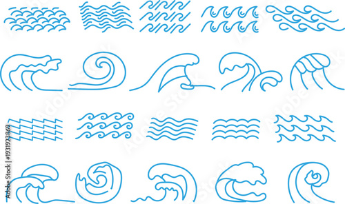 Modern Ocean Wave Line Art, Minimalist Sea Waves Collection, Abstract Surf Water Icons Bundle, Hand Drawn Marine Illustration for Logo, Branding, Tattoo and Graphic Design Vector Set.