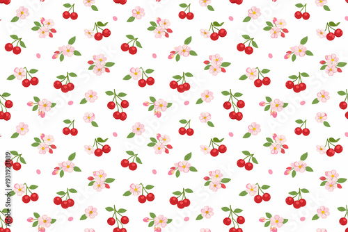 Bright cherries and flowers pattern on a white background for design projects and crafts in spring season