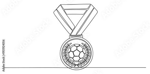 One line illustration of a championship medal with a soccer ball design for winners