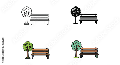 Four different park bench and tree combinations in a minimalist design style