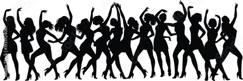 Women silhouettes, dancing figures, festive poses, stylish dresses, high heels, celebration artwork, expressive motion, party design, vector illustration, creative scene