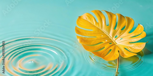 Vibrant Monstera Leaf Atop Rippled Glass Surface With Soft Blue Background Showcasing Natural Beauty and Elegance