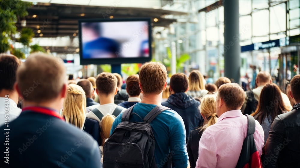 Obraz premium Diverse Group of People Watching Important Information on a Screen Outdoors