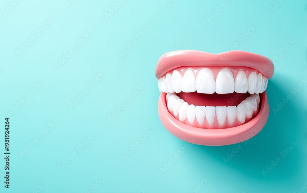 Fototapeta premium Smiling Mouth Model Displaying Healthy Teeth Against Blue Background