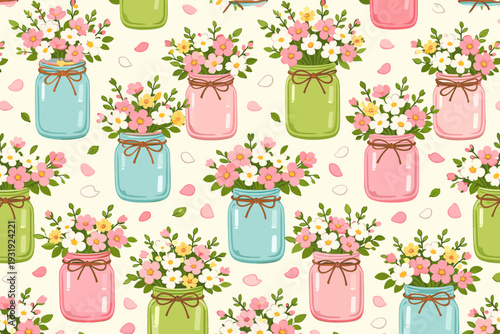 Colorful jars filled with flowers create a cheerful pattern on a light background suitable for home decor or craft projects
