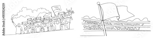 One line drawing of enthusiastic fans cheering with flares and flags in stadium